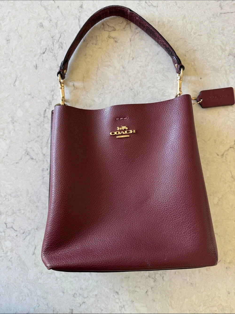 COACH Mollie 22 Pebbled Leather Bucket Bag in Burgundy with Gold Hardware